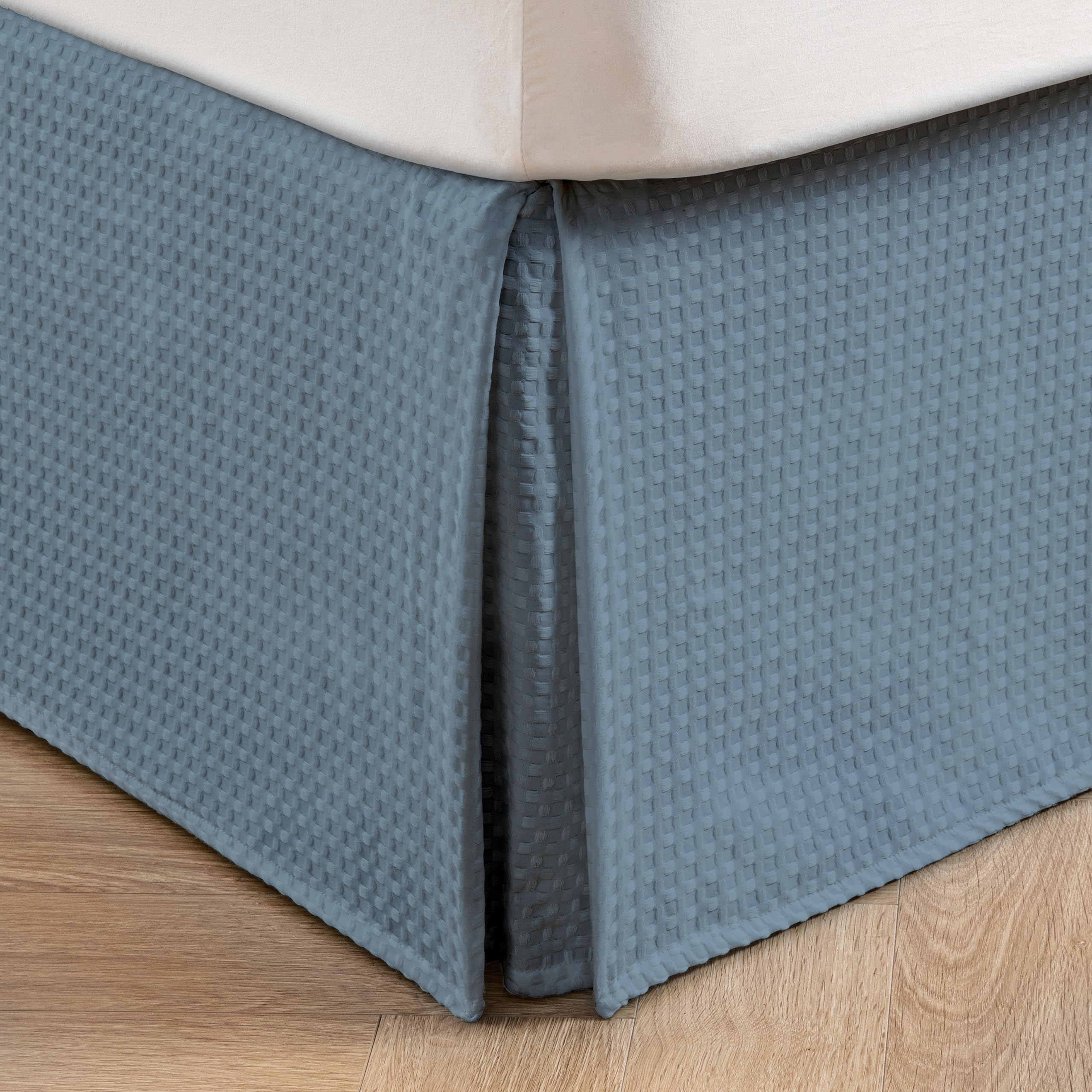 Miye Pleated Waffle Weave Bed Skirt, Tailored Dust Ruffle 22 Inch Drop Easy Fit, Machine Washable (Blue, Twinxl - 22'' Drop)